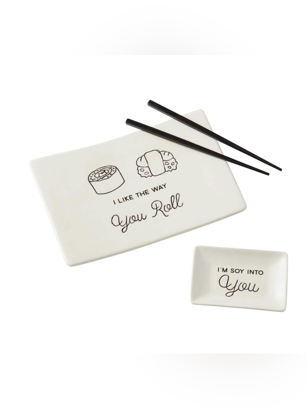 Our Name Is Mud Sushi plate set with chopsticks "I like the way you roll"